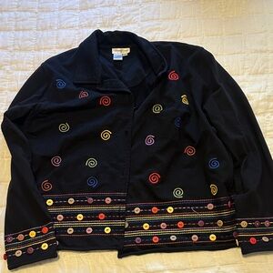 Coldwater Creek Black Jacket with Multicolor Spiral Embroidery